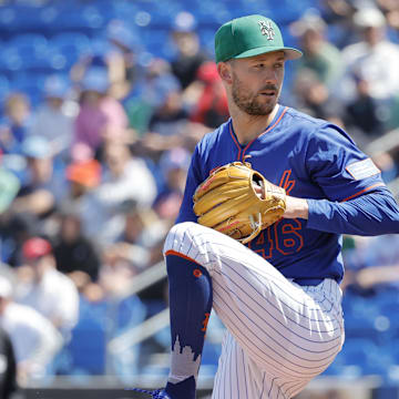 Mar 17, 2025; Port St. Lucie, Florida, USA;  New York Mets pitcher Griffin Canning (46) throws a pitch during the first inning against the Tampa Bay Rays at Clover Park. Mandatory Credit: Reinhold Matay-Imagn Images