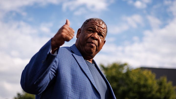 Sep 16, 2023; Lexington, Kentucky, USA; Kentucky Wildcats associate head coach Vince Marrow waves to fans at Cat Walk before the game against the Akron Zips at Kroger Field. Mandatory Credit: Jordan Prather-Imagn Images