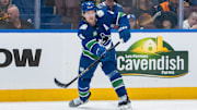 Apr 12, 2025; Vancouver, British Columbia, CAN; Vancouver Canucks forward Brock Boeser (6) makes a pass against the Minnesota Wild in the second period at Rogers Arena. Mandatory Credit: Bob Frid-Imagn Images