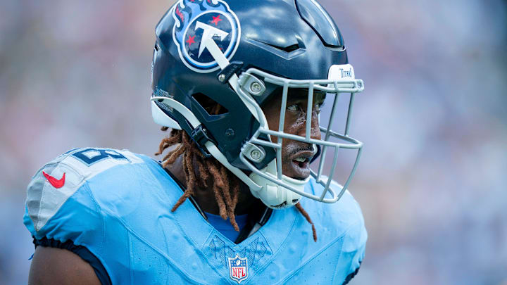 Tennessee Titans cornerback L'Jarius Sneed (38) heads off the field after a goal-line stop against the p/ during their game at Nissan Stadium in Nashville, Tenn., Sunday, Sept. 22, 2024.