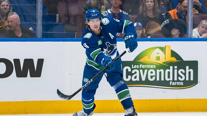 Apr 12, 2025; Vancouver, British Columbia, CAN; Vancouver Canucks forward Brock Boeser (6) makes a pass against the Minnesota Wild in the second period at Rogers Arena. Mandatory Credit: Bob Frid-Imagn Images