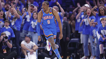 May 18, 2025; Oklahoma City, Oklahoma, USA; Oklahoma City Thunder forward Jalen Williams (8) celebrates after scoring against the Denver Nuggets in the second quarter during game seven of the second round for the 2025 NBA Playoffs at Paycom Center. Mandatory Credit: Alonzo Adams-Imagn Images