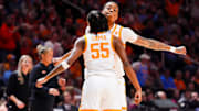 Tennessee guard Talaysia Cooper (55) and Tennessee forward Zee Spearman (11) celebrate a play during a women's college basketball game between the Lady Vols and LSU at Thompson-Boling Arena at Food City Center on Thursday, Jan. 9, 2025.