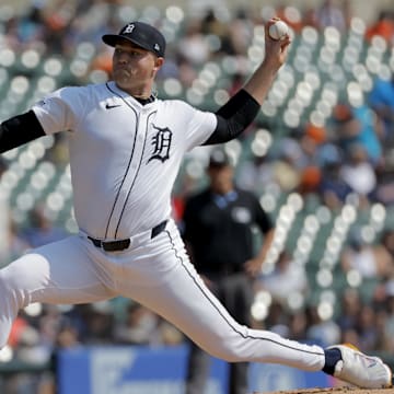 Sep 12, 2024; Detroit, Michigan, USA;  Detroit Tigers pitcher Tarik Skubal (29) pitches in the first inning against the Colorado Rockies at Comerica Park. 