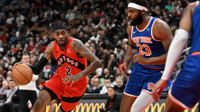 Mar 27, 2024; Toronto, Ontario, CAN;  Toronto Raptors forward Jalen McDaniels (2) dribbles the ball