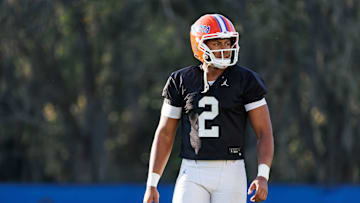 Florida Gators quarterback DJ Lagway (2) looks on during spring football practice at Heavener Football Complex at the University of Florida in Gainesville, FL on Thursday, March 6, 2025. [Matt Pendleton/Gainesville Sun]