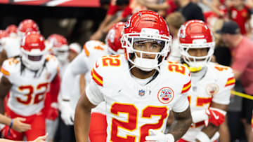 Aug 9, 2025; Glendale, Arizona, USA; Kansas City Chiefs cornerback Trent McDuffie (22) against the Arizona Cardinals during a preseason NFL game at State Farm Stadium. Mandatory Credit: Mark J. Rebilas-Imagn Images