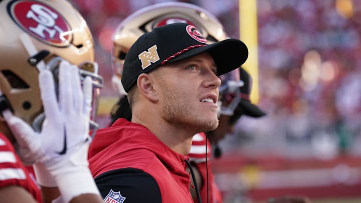 Sep 9, 2024; Santa Clara, California, USA; San Francisco 49ers running back Christian McCaffrey (23) watches injured from the sidelines in the second quarter against the New York Jets at Levi's Stadium. Mandatory Credit: David Gonzales-Imagn Images