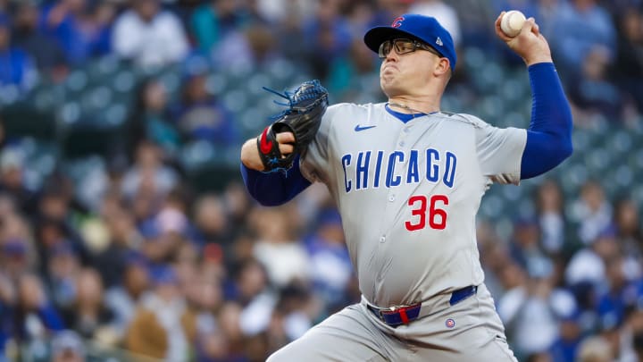 Apr 12, 2024; Seattle, Washington, USA; Chicago Cubs starting pitcher Jordan Wicks (36) throws against the Seattle Mariners during the first inning at T-Mobile Park