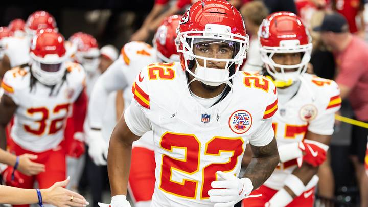 Aug 9, 2025; Glendale, Arizona, USA; Kansas City Chiefs cornerback Trent McDuffie (22) against the Arizona Cardinals during a preseason NFL game at State Farm Stadium. Mandatory Credit: Mark J. Rebilas-Imagn Images