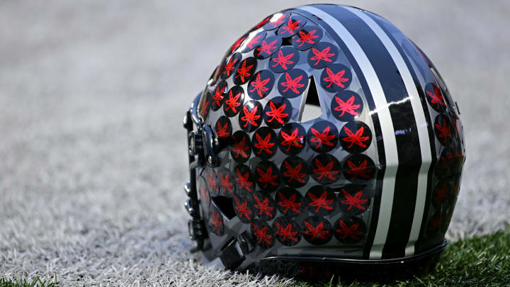 Oct 28, 2017; Columbus, OH, USA; A view of an official Buckeyes helmet in the game of the Penn State Nittany Lions against the Ohio State Buckeyes at Ohio Stadium. Mandatory Credit: Aaron Doster-USA TODAY Sports