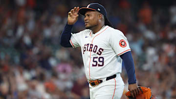 Oct 1, 2024; Houston, Texas, USA; Houston Astros pitcher Framber Valdez (59) walks off the mount in the first inning against the Detroit Tigers in game one of the Wild Card round for the 2024 MLB Playoffs at Minute Maid Park. 