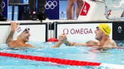 Jul 27, 2024; Nanterre, France; Caeleb Dressel (USA) and Kyle Chalmers (Australia) in the men’s 4 x 100-meter freestyle relay preliminary heats during the Paris 2024 Olympic Summer Games at Paris La Défense Arena. Mandatory Credit: Rob Schumacher-USA TODAY Sports