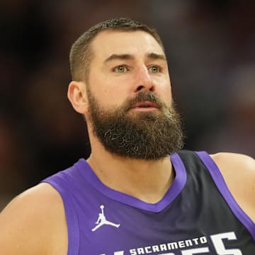 Apr 11, 2025; Sacramento, California, USA; Sacramento Kings center Jonas Valanciunas (17) during the third quarter against the Los Angeles Clippers at Golden 1 Center. Mandatory Credit: Darren Yamashita-Imagn Images
