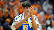 Mar 22, 2025; Lexington, KY, USA; UCLA Bruins center Aday Mara (15) reacts after the game against the Tennessee Volunteers in the second round of the NCAA Tournament at Rupp Arena. Mandatory Credit: Aaron Doster-Imagn Images
