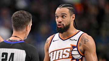 Nov 12, 2025; Dallas, Texas, USA; Phoenix Suns forward Dillon Brooks (3) argues a call with referee Kevin Scott (24) as guard Grayson Allen (8) looks on during the second half against the Dallas Mavericks at the American Airlines Center. Mandatory Credit: Jerome Miron-Imagn Images