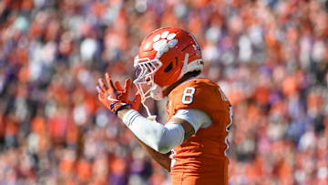 Nov 1, 2025; Clemson, South Carolina, USA; Clemson Tigers cornerback Avieon Terrell (8) reacts to a pass interference call during the NCAA football game against the Duke Blue Devil at Memorial Stadium. Mandatory Credit: Alex Martin-Imagn Images