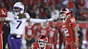 Nov 22, 2025; Houston, Texas, USA; Houston Cougars kicker Ethan Sanchez (92) reacts after a missed field goal attempt during the fourth quarter against the TCU Horned Frogs at TDECU Stadium. Mandatory Credit: Troy Taormina-Imagn Images
