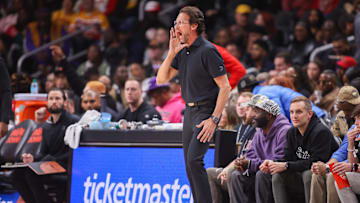 Dec 5, 2025; Atlanta, Georgia, USA; Atlanta Hawks head coach Quin Snyder on the sideline against the Denver Nuggets in the second quarter at State Farm Arena. Mandatory Credit: Brett Davis-Imagn Images
