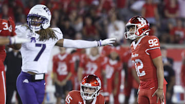 Nov 22, 2025; Houston, Texas, USA; Houston Cougars kicker Ethan Sanchez (92) reacts after a missed field goal attempt during the fourth quarter against the TCU Horned Frogs at TDECU Stadium. Mandatory Credit: Troy Taormina-Imagn Images