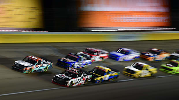 Kyle Busch and Taylor Gray lead the field for the restart of the Victorias Voice Foundation 200 at Las Vegas Motor Speedway. 