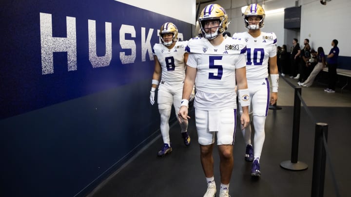 Quarterback Dylan Morris (5) was dressed and ready to go for the UW against the Michigan Wolverines in the 2024 College Football Playoff national championship game in Houston.