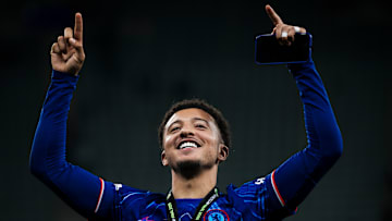 Jadon Sancho of Chelsea FC cleebrates during the award...