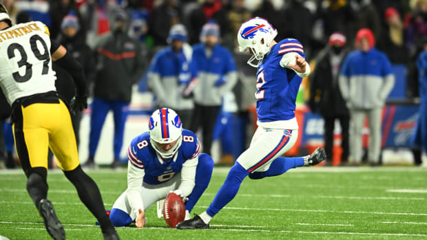 Jan 15, 2024; Orchard Park, New York, USA; Buffalo Bills place kicker Tyler Bass (2) kicks a field goal in the second half against the Pittsburgh Steelers in a 2024 AFC wild card game at Highmark Stadium. Mandatory Credit: Mark Konezny-USA TODAY Sports