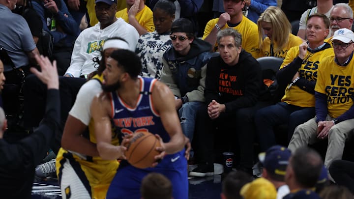  Timothée Chalamet and Ben Stiller watch play during the fourth quarter of game four of the eastern conference finals between the Indiana Pacers and the New York Knicks.
