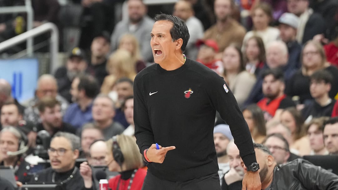 Feb 21, 2025; Toronto, Ontario, CAN; Miami Heat head coach Erik Spoelstra looks on from the sidelines against the Toronto Raptors at Scotiabank Arena. Mandatory Credit: Kevin Sousa-Imagn Images Feb 21, 2025; Toronto, Ontario, CAN; Miami Heat head coach Erik Spoelstra looks on from the sidelines against the Toronto Raptors at Scotiabank Arena. Mandatory Credit: Kevin Sousa-Imagn Images