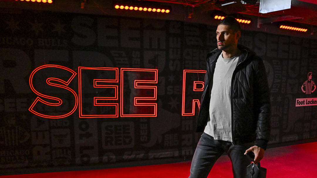 Mar 10, 2025; Chicago, Illinois, USA;  Chicago Bulls center Nikola Vucevic (9) arrives at the United Center for the game against the Indiana Pacers . Mandatory Credit: Matt Marton-Imagn Images