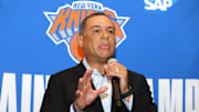 Sep 30, 2019; New York, NY, USA; New York Knicks general manager Scott Perry speaks to the media during media day at the MSG training center in Greenburgh, NY. Mandatory Credit: Brad Penner-USA TODAY Sports