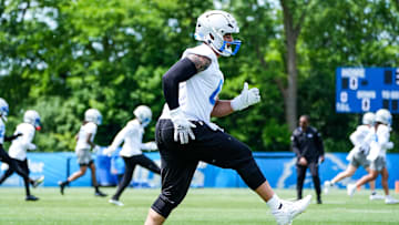 Detroit Lions defensive end Ahmed Hassanein (61) practices during OTA at Meijer Performance Center in Allen Park on Friday, May 30, 2025.