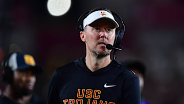 Nov 7, 2025; Los Angeles, California, USA; Southern California Trojans head coach Lincoln Riley watches game action against the Northwestern Wildcats during the second half at the Los Angeles Memorial Coliseum. Mandatory Credit: Gary A. Vasquez-Imagn Images
