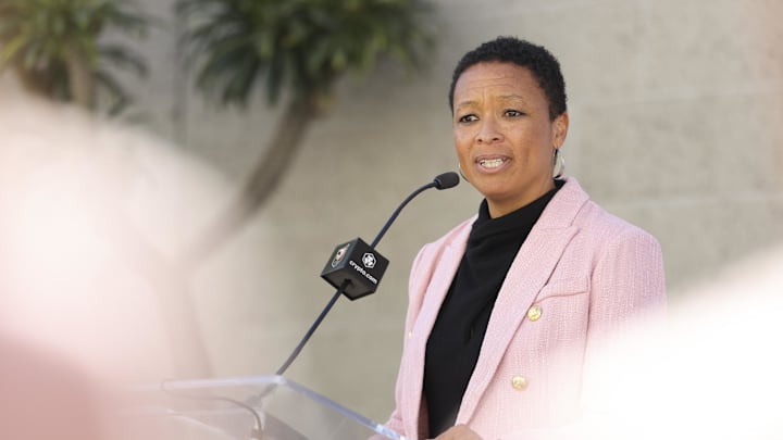 Angel City FC general manager Angela Hucles Mangano speaks during a press conference. Angel City FC general manager Angela Hucles Mangano speaks during a press conference.