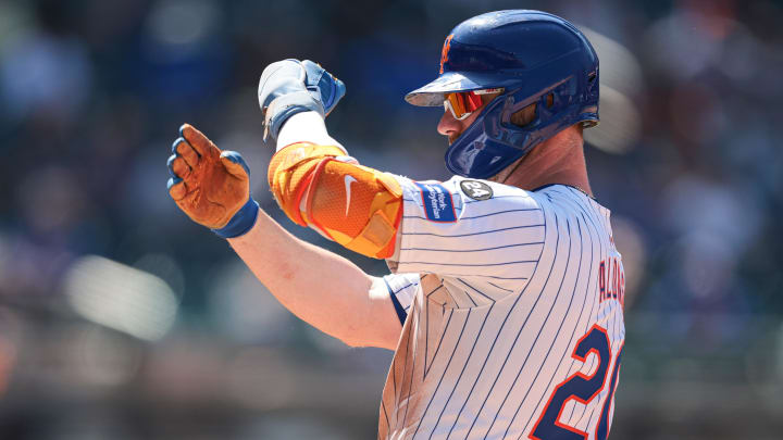 Jul 11, 2024; New York City, New York, USA; New York Mets first baseman Pete Alonso (20) reacts after a single during the eighth inning against the Washington Nationals at Citi Field.