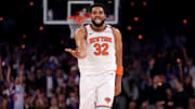  New York Knicks center Karl-Anthony Towns celebrates his three point shot against the Boston Celtics during the first quarter of game six in the second round of the 2025 NBA Playoffs.