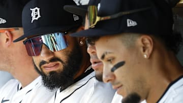 Detroit Tigers second baseman Gleyber Torres (25) sits in the dugout in the first inning against the Houston Astros at Comerica Park.
