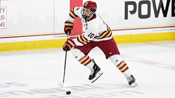 Feb 28, 2025; Chestnut Hill, MA, USA; Boston College forward James Hagens (10) skates with the puck during the second period against the University of New Hampshire Wildcats at Conte Forum.