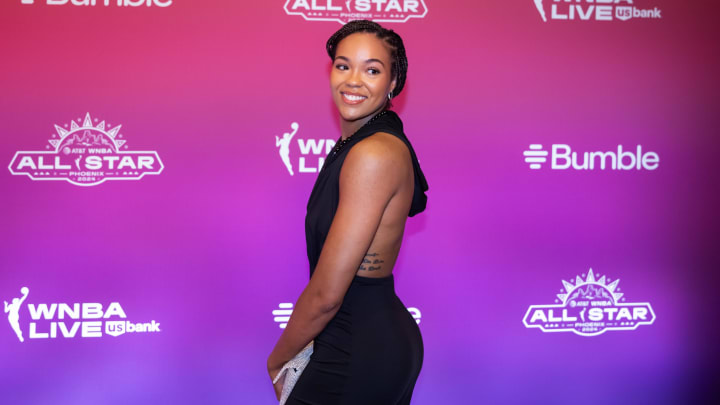 Jul 18, 2024; Phoenix, AZ, USA; Minnesota Lynx player Napheesa Collier walks the red carpet during the WNBA All Star weekend at the Phoenix Convention Center. 