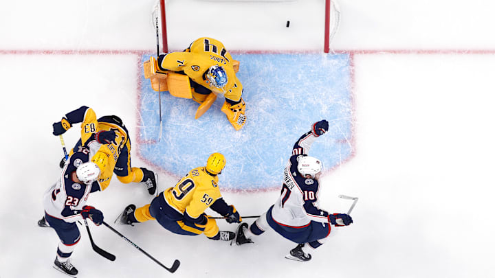 Dmitri Voronkov nets the first Blue Jackets goal of the season against the Nashville Predators.