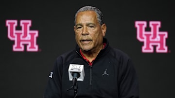 Houston Cougars head coach Kelvin Sampson talks to the media during the Big 12 Men’s Basketball Media Day at T-Mobile Center.