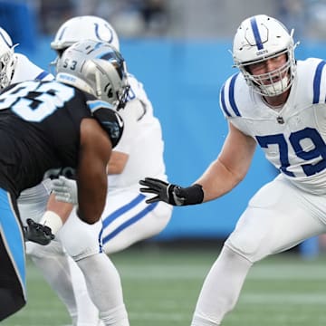 Nov 5, 2023; Charlotte, North Carolina, USA; Indianapolis Colts offensive tackle Bernhard Raimann (79) during the first quarter against the Carolina Panthers at Bank of America Stadium. 