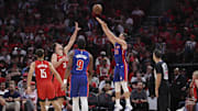 Oct 24, 2025; Houston, Texas, USA; Detroit Pistons forward Duncan Robinson (55) scores a basket during the second quarter against the Houston Rockets at Toyota Center. Mandatory Credit: Troy Taormina-Imagn Images