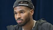 Feb 28, 2025; Indianapolis, IN, USA; Colorado quarterback Shedeur Sanders (QB13) talks to the press during the 2025 NFL Combine at Indiana Convention Center. Mandatory Credit: Stephanie Amador Blondet-Imagn Images