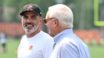 Jun 12, 2025; Berea, OH, USA; Cleveland Browns head coach Kevin Stefanski and managing and principal partner Jimmy Haslam during mini camp at CrossCountry Mortgage Campus. Mandatory Credit: Ken Blaze-Imagn Images