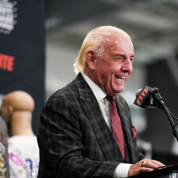 Ric Flair speaks at his Last Match press conference at the Fairgrounds in Nashville, Tenn., Thursday, June 23, 2022.

Ric Flair Last Match Press Conference