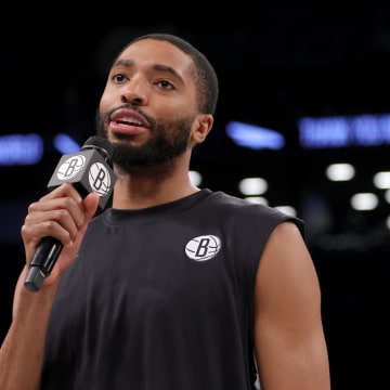 Apr 10, 2024; Brooklyn, New York, USA; Brooklyn Nets forward Mikal Bridges (1) addresses the fans before the team's final home game against the Toronto Raptors at Barclays Center. Mandatory Credit: Brad Penner-USA TODAY Sports