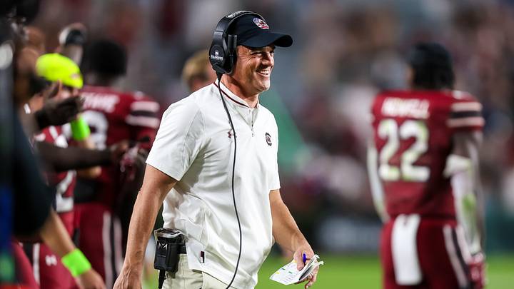 Nov 22, 2025; Columbia, South Carolina, USA; South Carolina Gamecocks head coach Shane Beamer reacts to a play against the Coastal Carolina Chanticleers in the second half at Williams-Brice Stadium. Mandatory Credit: Jeff Blake-Imagn Images