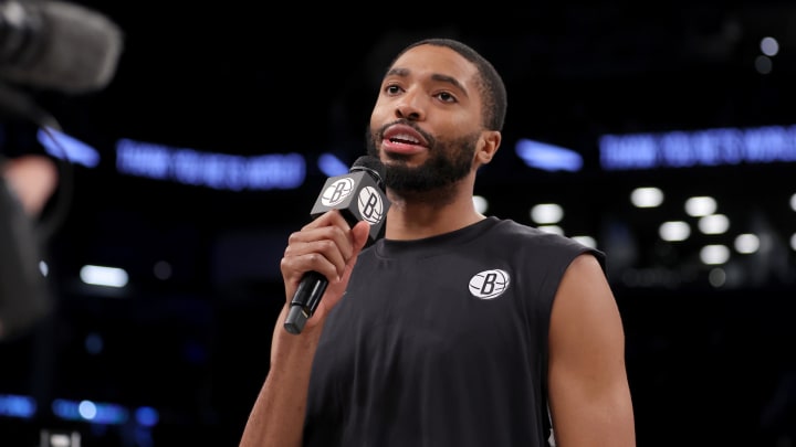 Apr 10, 2024; Brooklyn, New York, USA; Brooklyn Nets forward Mikal Bridges (1) addresses the fans before the team's final home game against the Toronto Raptors at Barclays Center.
